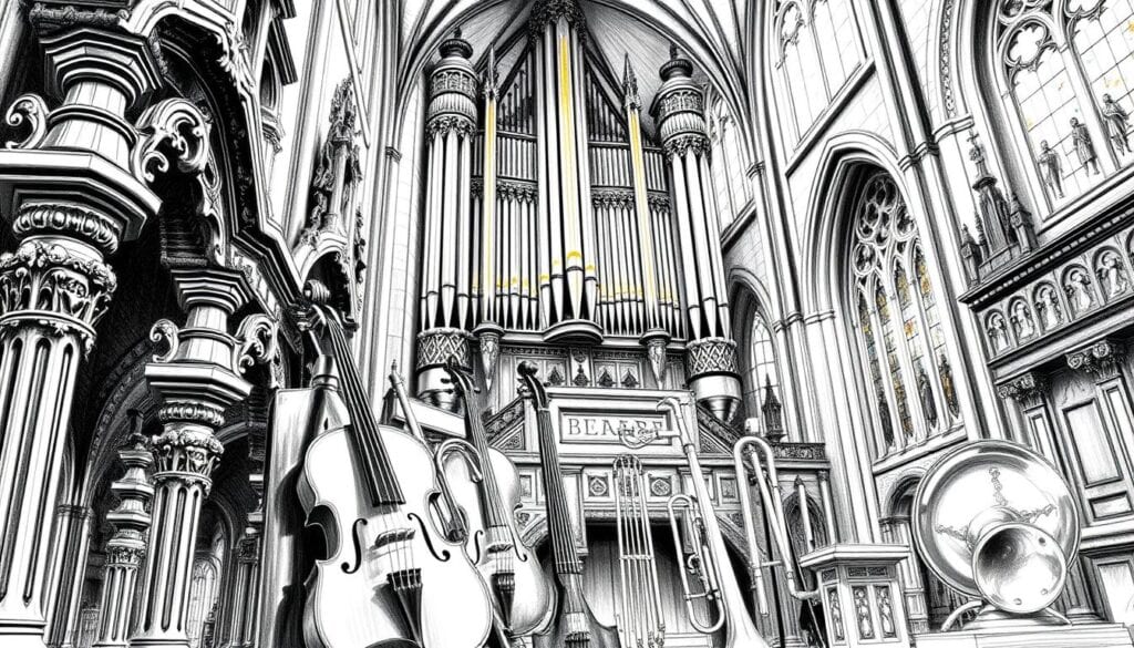 A detailed black and white sketch of the majestic organ pipes of Hofkirche St. Leodegar, highlighted with selective color accents that draw attention to the intricate designs of the organ structure. In the foreground, the ornate pipes create a dramatic focal point, showcasing their elegant curves and elaborate carvings. The middle ground features various musical instruments, such as a polished wooden violin and a brass trumpet, harmoniously arranged. The background captures the grandeur of the church's architecture, with soft light filtering through stained-glass windows, creating an ethereal atmosphere. The scene conveys a sense of reverence and musical harmony, inviting viewers to experience the auditory beauty of the Hofkirche.