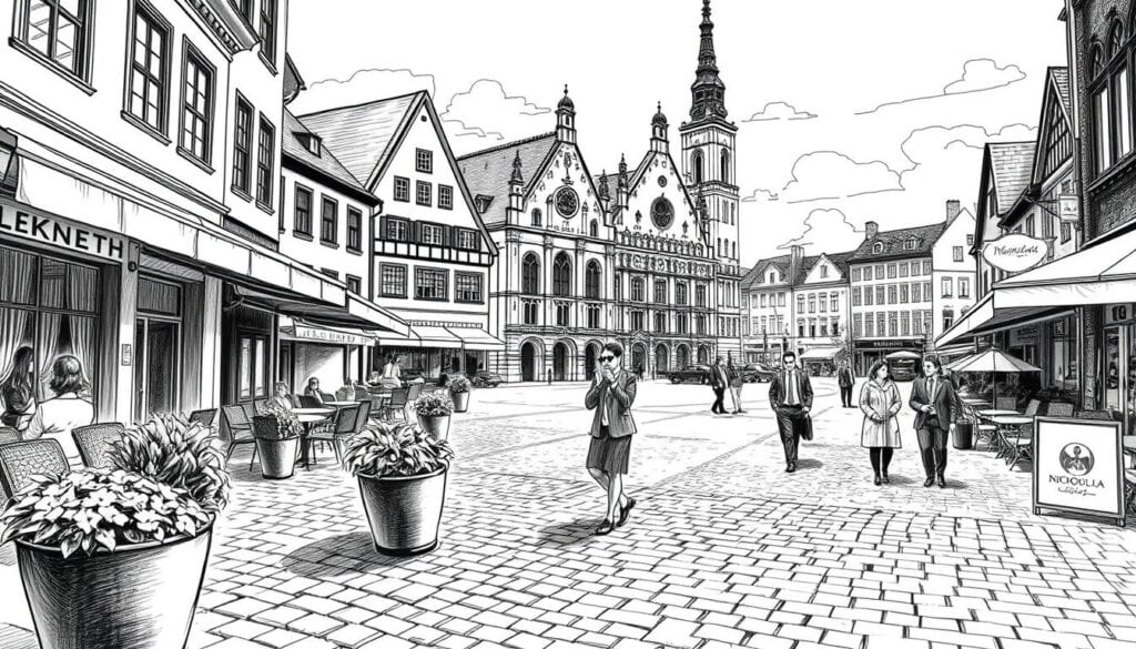 Altstadt mit gotischer Kirche und Einkaufspassagen in der Innenstadt, beliebtes Touristenziel.