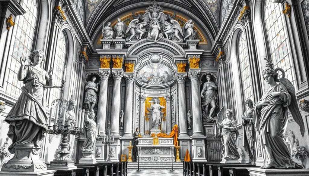 Altstadtkirche Altar mit barocken Skulpturen und Innenraum.