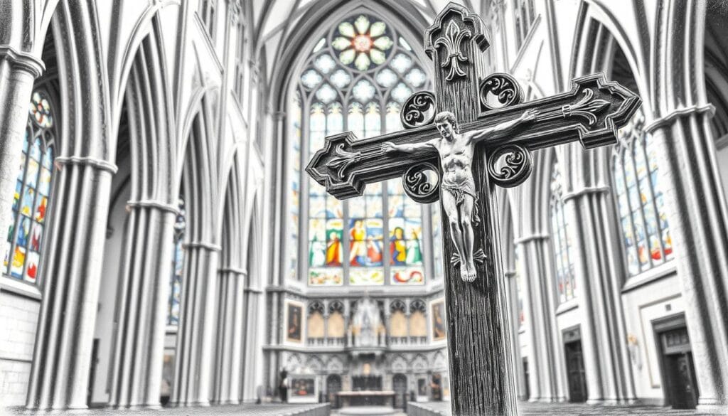 Stimmung im Kirchenschiff mit gotischen Säulen, Jesus-Kreuz im Vordergrund, beeindruckende Fenster im Hintergrund.