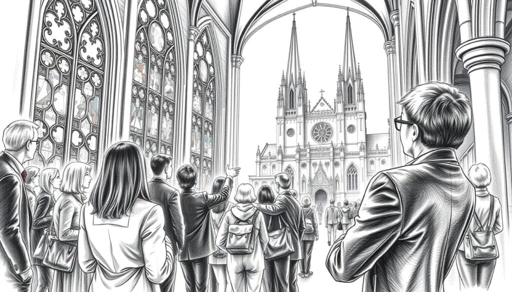 Besucher in der Altstadt vor einer historischen Kirche, Fachwerkarchitektur, Touristen, Sightseeing, Kultur.