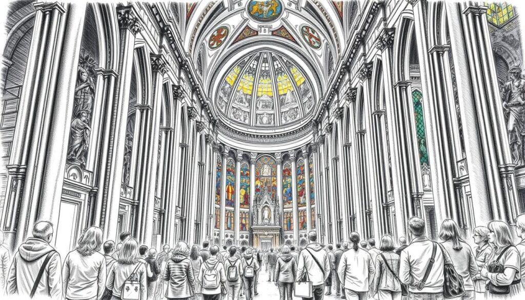 A detailed illustration of the Hildesheimer Dom, showcasing its stunning architectural features and vibrant cultural activities. In the foreground, depict a group of diverse visitors in modest casual clothing, admiring the intricate stone carvings and stained glass windows. In the middle ground, highlight the majestic interior of the cathedral with its soaring columns and detailed frescoes, while capturing the interplay of light filtering through the colorful glass. The background features the domed ceiling, decorated with historically significant artwork. The scene should be rendered in pencil with black and white tones, accented by selective splashes of color to highlight the stained glass and architectural details, creating a captivating and lively atmosphere that embodies the essence of living cultural heritage. A detailed illustration of the Hildesheimer Dom, showcasing its stunning architectural features and vibrant cultural activities. In the foreground, depict a group of diverse visitors in modest casual clothing, admiring the intricate stone carvings and stained glass windows. In the middle ground, highlight the majestic interior of the cathedral with its soaring columns and detailed frescoes, while capturing the interplay of light filtering through the colorful glass. The background features the domed ceiling, decorated with historically significant artwork. The scene should be rendered in pencil with black and white tones, accented by selective splashes of color to highlight the stained glass and architectural details, creating a captivating and lively atmosphere that embodies the essence of living cultural heritage.