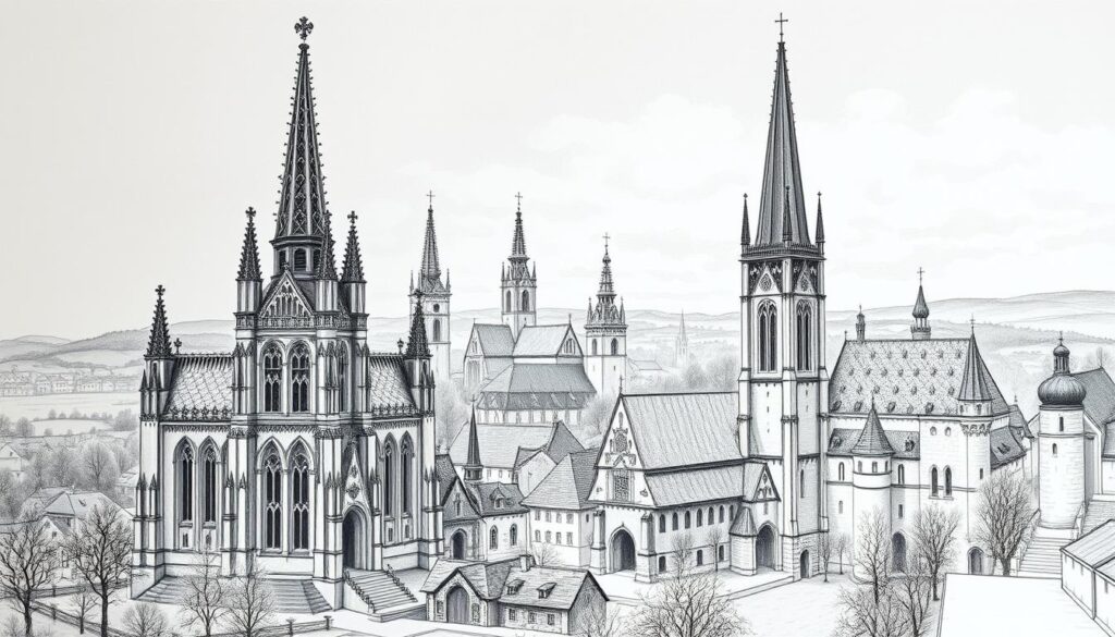 A detailed landscape depicting the Nürnberger Kirchenlandschaft with a focus on St. Sebaldus Kirche in the foreground. Capture the intricate Gothic architecture of the church, emphasizing its towering spires and detailed stonework. In the middle ground, include other notable churches of Nuremberg, showcasing their distinct styles, while maintaining a sense of harmony in the composition. The background features a soft, cloudy sky, hinting at a historical vibe. Illuminate the scene with a subtle, diffused light that highlights the textures and contrasts of the stone. The image should be in pencil sketch style with black and white tones, adding hints of color to the church façades for visual interest. The overall mood should be reflective and serene, inviting contemplation of Nuremberg’s rich ecclesiastical heritage.