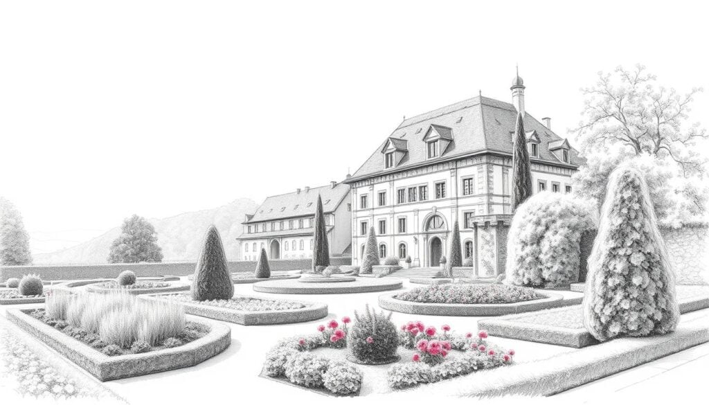 Historische Altstadt mit barocker Kirche, gepflegtem Garten und blühenden Blumen.