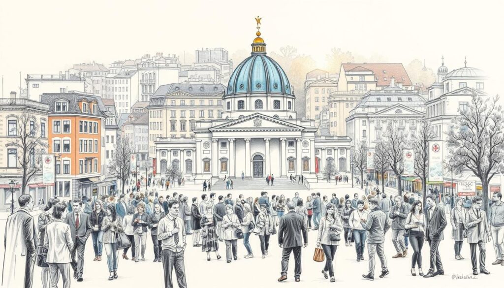 Historische Altstadt mit barocker Kirche und lebendiger Menschenmenge davor.