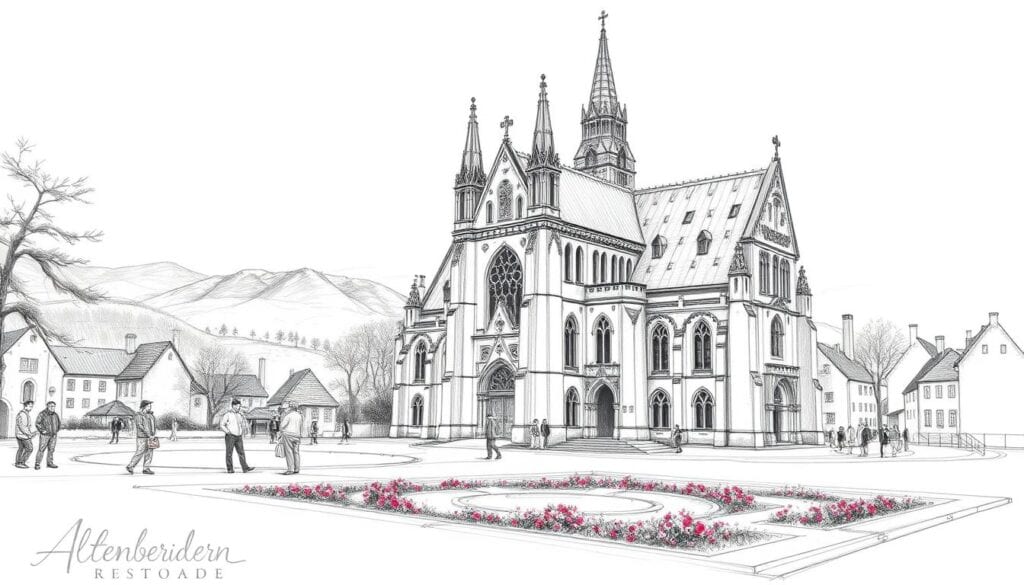 A detailed pencil sketch of the Altenberger Dom, highlighting its architectural features and historical significance. In the foreground, capture the intricate stone façade with its towering spires and ornate carvings, adorned with subtle colored accents to emphasize details. Transition to the middle ground, showcasing visitors admiring the cathedral's grandeur and a peaceful garden area with blooming flowers in muted tones. In the background, suggest rolling hills fading into a soft, cloudy sky. The lighting should create a serene ambiance, softly illuminating the structure and casting gentle shadows. The overall mood should evoke a sense of tranquility and reverence for the rich history and cultural importance of the Altenberger Dom. A detailed pencil sketch of the Altenberger Dom, highlighting its architectural features and historical significance. In the foreground, capture the intricate stone façade with its towering spires and ornate carvings, adorned with subtle colored accents to emphasize details. Transition to the middle ground, showcasing visitors admiring the cathedral's grandeur and a peaceful garden area with blooming flowers in muted tones. In the background, suggest rolling hills fading into a soft, cloudy sky. The lighting should create a serene ambiance, softly illuminating the structure and casting gentle shadows. The overall mood should evoke a sense of tranquility and reverence for the rich history and cultural importance of the Altenberger Dom.