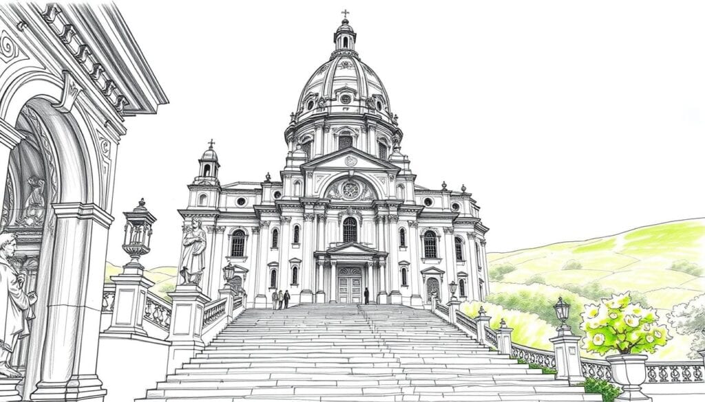 Berühmte barocke Kirche in der Altstadt, mit prächtiger Stuckdekoration und historischen Skulpturen.