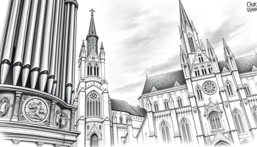 A detailed pencil sketch of the Chur Cathedral, focusing on its grand organs and bells. In the foreground, large, intricately designed organ pipes rise majestically, with subtle colored accents highlighting their ornate craftsmanship. The middle ground features the cathedral’s stunning bell tower, adorned with decorative features, its bells slightly swinging as if caught in a moment of sound. The background reveals the cathedral’s impressive façade, with delicate gothic architecture under a soft, moody twilight sky. The lighting is gentle and atmospheric, creating a serene ambiance that evokes both reverence and wonder. Ensure the overall style is black and white with selective color accents, capturing the essence of both the music and spiritual significance within the cathedral.
