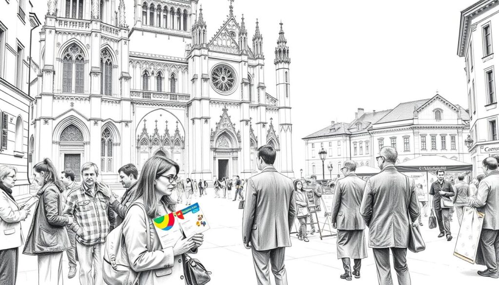 A detailed pencil sketch of the Dom zu Eisenstadt, capturing its majestic architecture with intricate Gothic and Baroque elements. In the foreground, depict visitors of diverse backgrounds dressed in professional business attire, engaging with informative brochures about the cultural program. In the middle ground, show a vibrant cultural event taking place outside the cathedral, with musicians playing traditional instruments and artists showcasing their work. The background features the historic cityscape of Eisenstadt, under a soft, diffused lighting that creates a calm, inviting atmosphere. Include selective color accents on the brochures and artist’s displays to bring life to the scene, while maintaining a monochromatic pencil drawing style for the architecture and figures. Aim for an angle that captures both the grandeur of the Dom and the lively cultural interactions.