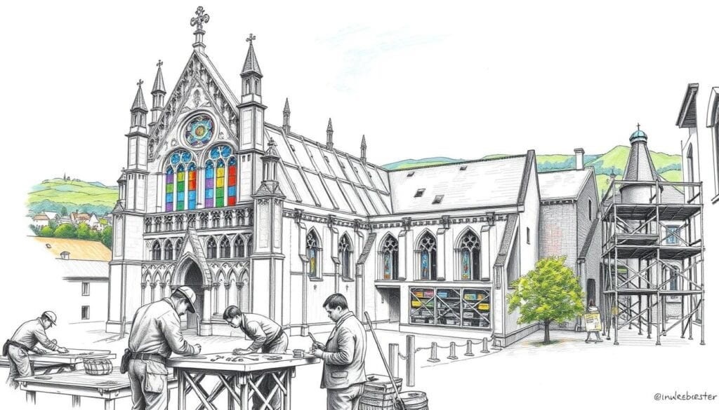 Historische Altstadt mit gotischer Kirche, Renovierungsarbeiten im Zentrum, im Hintergrund grüne Hügel, Stadtbild.