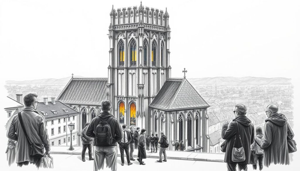 Historische Altstadt mit gotischer Kirche, Touristen und Spaziergänger entdecken die Altstadt.