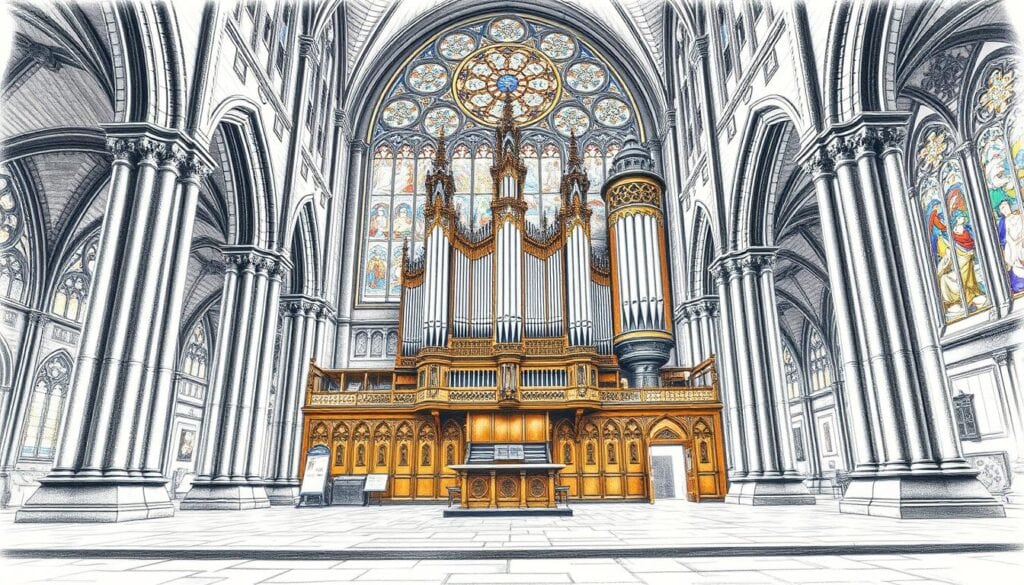 A grand view of the Orgel Kathedrale, showcasing the majestic organ as the focal point in the foreground, surrounded by intricate wood carvings and elegant pipes. In the middle ground, beautifully detailed stained glass windows filter soft light, casting delicate patterns onto the stone floor. The background reveals soaring vaulted ceilings adorned with artistic treasures, creating a serene atmosphere. The entire scene is depicted in pencil black and white, with occasional vibrant color accents highlighting the organ's ornate details and vibrant window glass. The lighting is soft and warm, evoking a sense of tranquility and reverence, captured from a slightly low angle to emphasize the grandeur of the architecture.