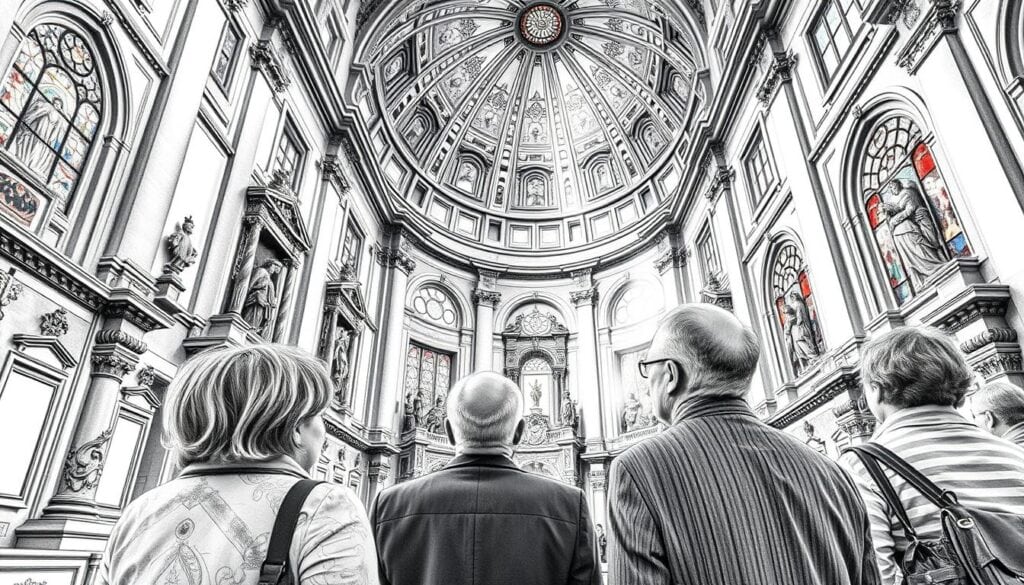 Altstadt Kirche Innenansicht mit barocken Statuen und bunten Glasfenstern, historische Kirche.