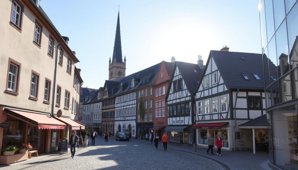 A historic old town in Erlangen, with a modern flair. Charming cobblestone streets lined with centuries-old half-timbered buildings and quaint shops. Towering church steeples pierce the skyline, casting long shadows across the scene. Pedestrians stroll through the lively town center, blending the past and present. Soft, muted tones of graphite grey and white, punctuated by pops of color - a vibrant store awning, a blooming flower box, or the gleam of a contemporary glass façade. Capturing the essence of Erlangen's historic heart thriving with modern life.