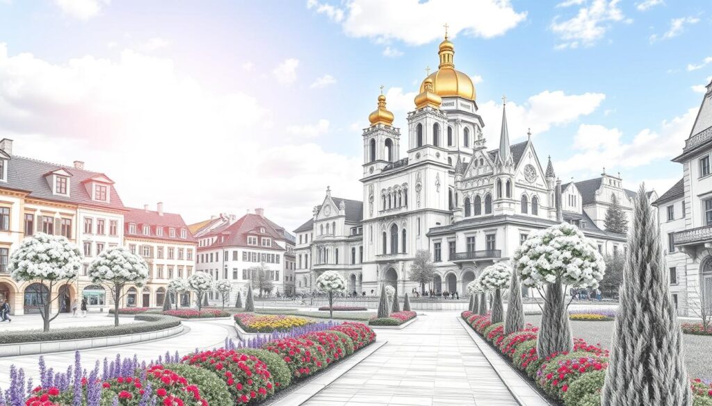 A picturesque view of the Stiftsbezirk area in St. Gallen, showcasing the stunning architecture surrounding the Cathedral. In the foreground, elegant pathways lined with trees and colorful flowers invite visitors to explore. Towards the middle, include charming historical buildings with intricate frescoes, showcasing local culture and art. In the background, the majestic St. Gallen Cathedral towers with its ornate façade and golden domes, radiating a warm glow from the afternoon sunlight. Add a soft, dreamy atmosphere with clouds gently drifting in a blue sky, enhancing the scene's tranquility. The entire image should be rendered in black and white pencil style, with selective colorful accents on the Cathedral and flowers, creating a captivating contrast.