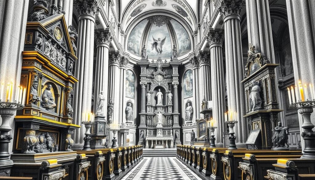 A richly detailed depiction of the Hochaltar of the Jesuitenkirche in Lucerne, showcasing its artistic treasures. The foreground features intricately carved wooden altarpieces and delicate sculptures in pencil black and white, accented with vibrant hues of gold and azure. In the middle, the majestic altar rises, adorned with elaborate details, surrounded by flickering candlelight that casts soft shadows. The background reveals the elegant architecture of the church - towering columns and ornate frescoes on the walls, rendered in monochrome with selective color highlights. The overall atmosphere is serene and reverent, evoking a sense of spiritual awe, with warm candlelight illuminating the scene. Aim for a wide-angle perspective to capture the grandeur of the space.