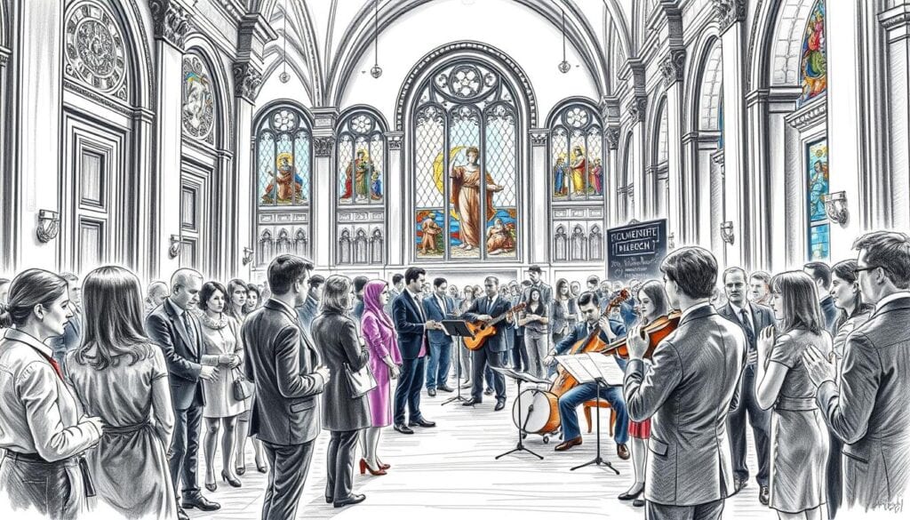 Archivierte Version eines klassischen Konzertevents in einer alten Kirche, mit Sinfonieorchester und Singgemeinschaft.