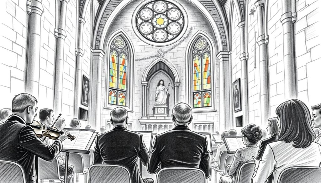 A serene concert scene inside a historic church, showcasing a small string quartet performing in front of a beautifully arched altar. In the foreground, elegantly dressed musicians focus on their instruments, with a violinist passionately playing. The middle ground features a captivated audience, dressed in professional attire, listening intently to the music. The background displays stunning stained-glass windows, casting soft colored light onto the stone walls, creating a warm and inviting atmosphere. The image is rendered in detailed black and white pencil sketch style, with selective color accents highlighting the musicians' instruments and the stained glass. The soft lighting enhances the tranquil and cultural mood, inviting viewers to imagine the ambiance of a live concert in this historic setting.