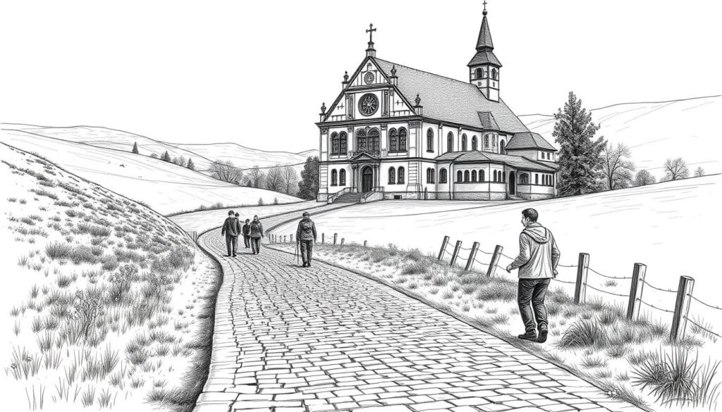 A serene depiction of the Jakobsweg Pilgerroute leading towards the Stiftskirche in Einsiedeln, Switzerland. In the foreground, a winding cobblestone path is bordered by lush green grass and wildflowers, dotted with pilgrims in modest casual clothing, reflecting a spirit of journey and discovery. In the middle ground, the majestic baroque Stiftskirche stands tall, its intricate architecture detailed in sharp black and white pencil, highlighted by subtle touches of color in the stained glass windows. The background features gently rolling hills under a soft, diffused daylight, creating an inviting and harmonious atmosphere. Capture the scene from a slightly elevated angle, evoking a sense of tranquility and reverence for the pilgrimage and its surroundings, while maintaining a focused clarity on the architectural beauty of the monastery.