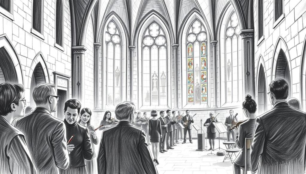 A serene scene of a medieval cloister, showcasing an elegantly decorated Klosterkirche Maulbronn during a concert event. In the foreground, a small group of attendees dressed in professional business attire enjoys the performance, their expressions reflecting excitement and admiration. The middle ground features a small orchestra playing classical instruments, with musicians focused on their craft. The tall, arched windows of the church in the background let in soft, diffused light, illuminating the intricate stone architecture and highlighting vibrant stained glass details. The atmosphere is one of reverence and cultural appreciation, with the image rendered in pencil with black and white tones, accented by subtle splashes of color capturing the event's festive spirit.