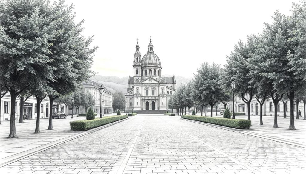 Alte Kirche in der Altstadt, umgeben von Baum gesäumten Straßen und historischen Gebäuden.