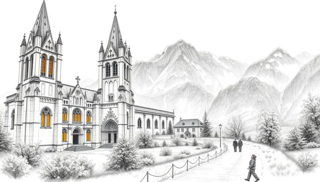 A stunning black and white pencil sketch of the Basilika Rankweil, capturing its intricate Gothic architecture and iconic twin towers in the foreground. Soft, detailed shading highlights the ornate details of the façade, while delicate colored accents in warm tones illuminate the stained glass windows. In the middle ground, a serene pilgrimage path winds through lush greenery leading up to the basilica, dotted with modest pilgrims in casual clothing, exuding a sense of calm reverence. The background features a dramatic mountainous landscape under a softly illuminated sky, suggesting dawn light that casts gentle shadows. The overall atmosphere should convey a peaceful spiritual journey, inviting viewers to connect with the historical significance of this pilgrimage site. A stunning black and white pencil sketch of the Basilika Rankweil, capturing its intricate Gothic architecture and iconic twin towers in the foreground. Soft, detailed shading highlights the ornate details of the façade, while delicate colored accents in warm tones illuminate the stained glass windows. In the middle ground, a serene pilgrimage path winds through lush greenery leading up to the basilica, dotted with modest pilgrims in casual clothing, exuding a sense of calm reverence. The background features a dramatic mountainous landscape under a softly illuminated sky, suggesting dawn light that casts gentle shadows. The overall atmosphere should convey a peaceful spiritual journey, inviting viewers to connect with the historical significance of this pilgrimage site.