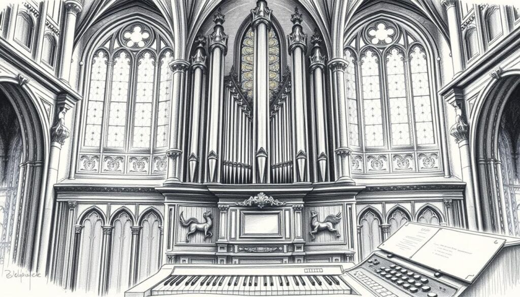 Innenansicht der Altstadt mit gotischer Kirche und Orgel. Historisches Stadtbild mit stilvoller Architektur.