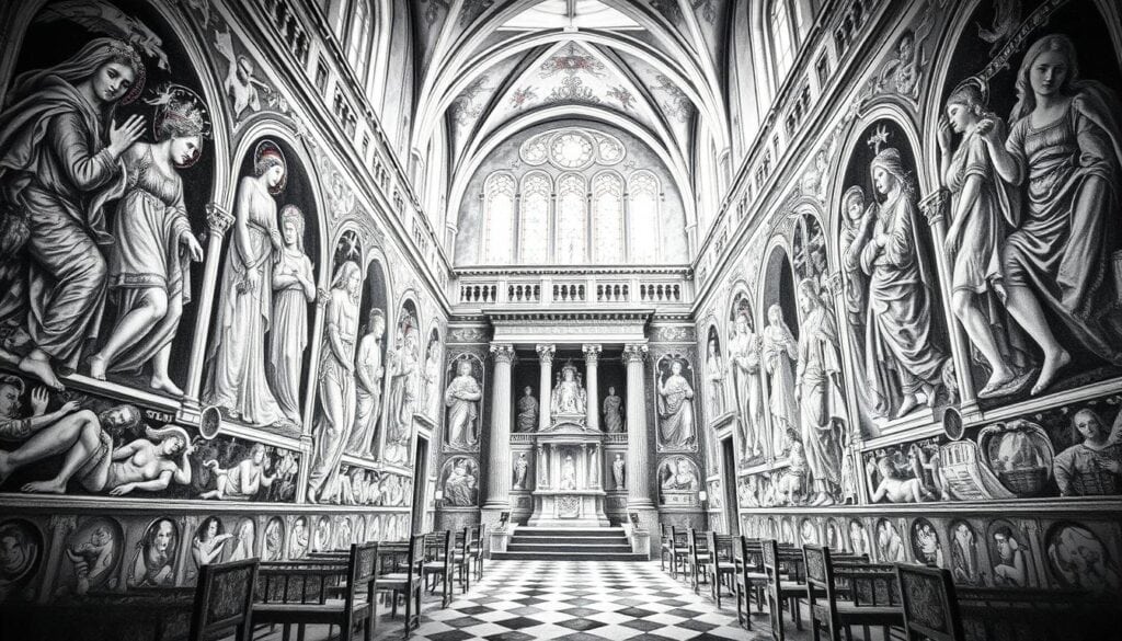 A stunning depiction of the Karolingische Fresken in Kloster St. Johann, presented in intricate black and white pencil drawing, with selective, vibrant color accents highlighting specific details of the frescoes. In the foreground, showcase the delicate textures of the frescoes, capturing the ornate figures and divine scenes in meticulous detail. The middle layer features architectural elements of the monastery itself, emphasizing the grandeur of the Stiftskirche, with arched windows and decorative pillars. In the background, portray a serene, softly lit atmosphere, evoking a sense of historical reverence and tranquility. Use soft, diffused lighting to enhance the ethereal quality of the scene, with a slight vignette to draw focus inward. The overall mood should convey fascination and a deep connection to the rich history of this remarkable church.