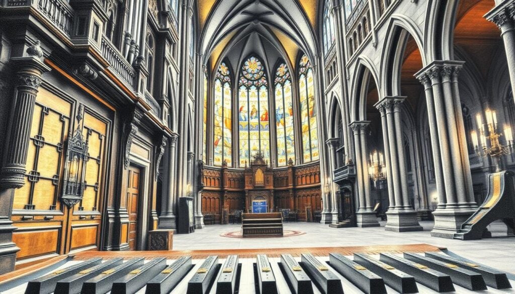 A stunning historical organ inside a grand cathedral, featuring intricate woodwork and ornate pipes, is the focal point of this image. In the foreground, the organ’s majestic keyboard is visible, with notes gently cascading down as if played by invisible hands. The middle ground showcases the richly decorated interior of the cathedral, with detailed stained glass windows casting vibrant light patterns onto the stone floor. In the background, tall arches and a soaring ceiling can be seen, enhanced by soft, warm lighting that creates a serene and spiritual atmosphere. The entire scene is rendered in pencil monochrome, with selective colored accents highlighting the organ and stained glass details, inviting a sense of reverence and artistic beauty.