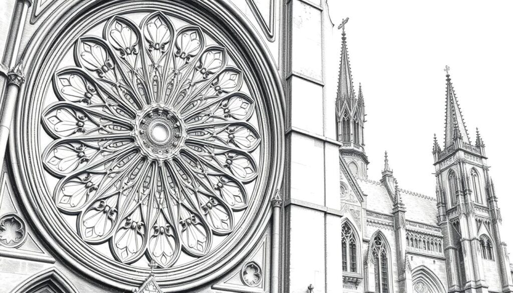 A stunning monochromatic pencil drawing of the Fensterrose, the magnificent rose window of the Lausanne Cathedral, showcasing intricate Gothic designs and detailed patterns. In the foreground, emphasize the delicate tracery of the window, capturing the stunning interplay of light and shadow. The middle ground features the ornate stonework of the cathedral façade, with subtle hints of color accentuating particular architectural elements, such as the vibrant stained glass designs. The background includes a soft, atmospheric depiction of the cathedral's spires reaching toward a gentle sky, evoking a sense of spiritual tranquility. The image should evoke a serene yet majestic mood, with careful attention to detail, using a soft diffused light to create a captivating ambiance.
