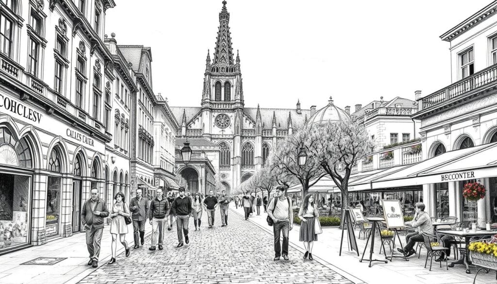 A stunning monochrome pencil sketch of the area surrounding St. Stephen's Cathedral in Vienna, showcasing intricate Gothic architecture and vibrant street life. In the foreground, a cobblestone path leads towards the cathedral, with casual pedestrians dressed in modest clothing admiring the surroundings. The middle ground highlights bustling cafés with people sipping coffee, trees lining the streets, and artists capturing the view. In the background, the iconic spire of the cathedral looms majestically against a soft, cloudy sky. Occasional colorful accents bring life to the scene, such as flower baskets and café awnings. The atmosphere is lively yet relaxed, capturing the essence of discovery around this historic landmark, with soft diffused lighting enhancing the details and depth.