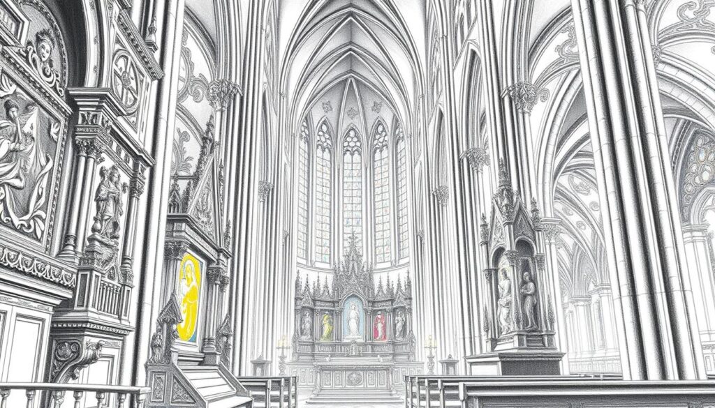 Innenansicht der Altstadt mit gotischer Kirche, große Fenster und kunstvolle Skulpturen.
