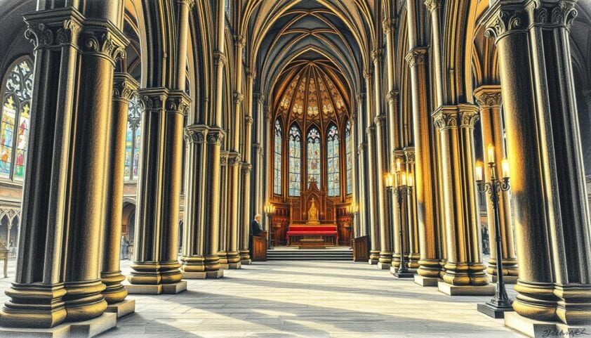 Innenansicht der Altstadt mit gotischer Kirche, lichtdurchflutet, beeindruckende Säulen, historical Architecture.