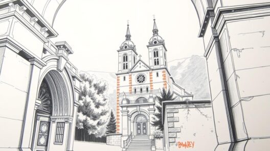 Klassische Stadtansicht der Altstadt und der historischen Kirche mit Türmen, umgeben von alten Gebäuden.