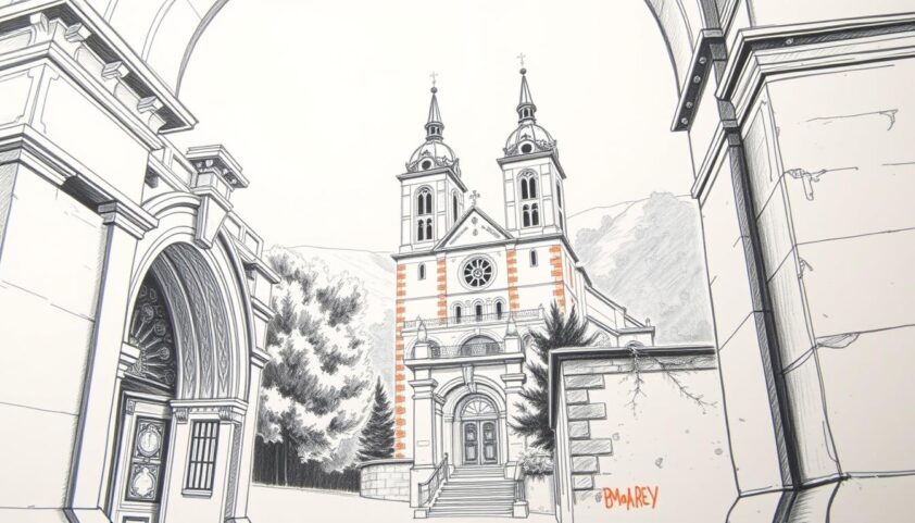 Klassische Stadtansicht der Altstadt und der historischen Kirche mit Türmen, umgeben von alten Gebäuden.