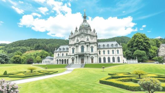 Historische Altstadt mit barocker Kirche, umgeben von grünen Gärten und Bergen, ideal für Sightseeing und Kultur.