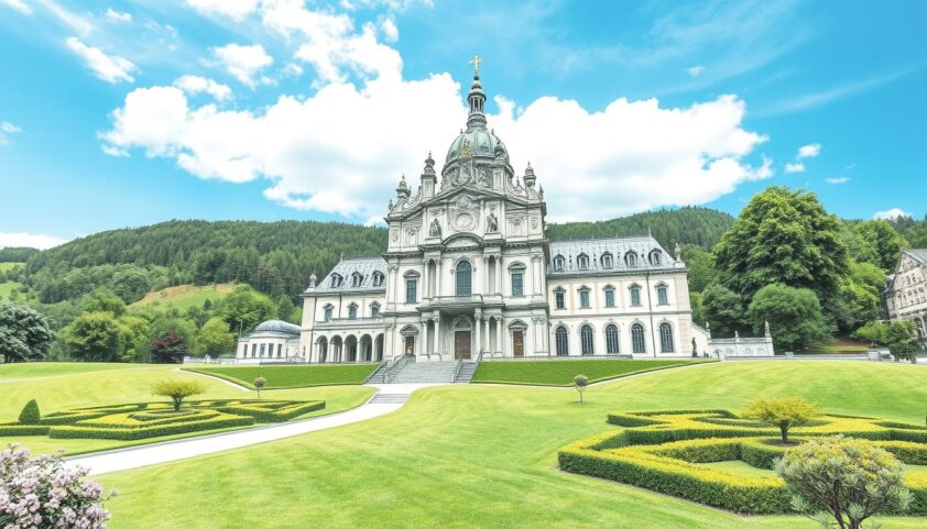 Historische Altstadt mit barocker Kirche, umgeben von grünen Gärten und Bergen, ideal für Sightseeing und Kultur.