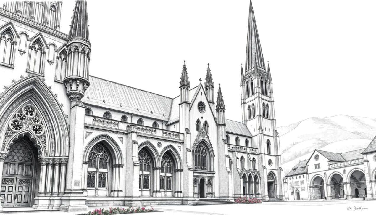 Historische Kirche in der Altstadt mit gotischer Architektur, spitze Türme und beeindruckende Fenster.