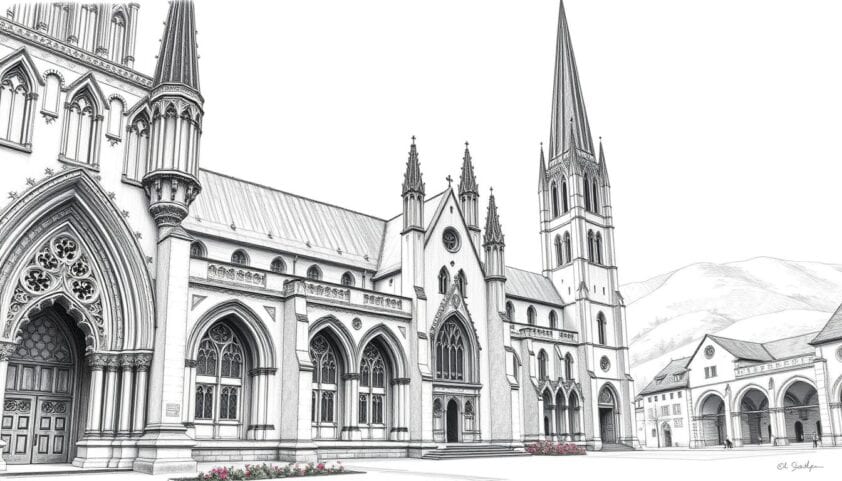 Historische Kirche in der Altstadt mit gotischer Architektur, spitze Türme und beeindruckende Fenster.