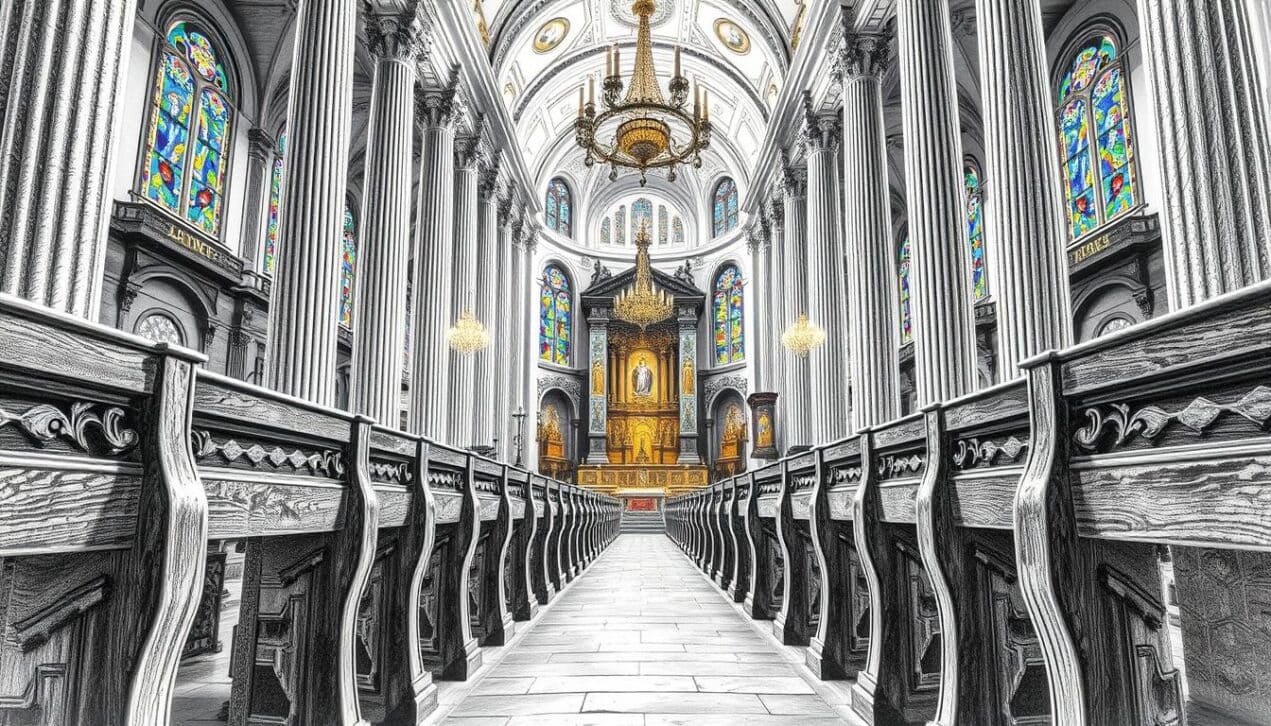 Schöne Altstadt mit Kirche, barocke Kirche, bunte Glasfenster, Innenraum, historische Architektur.