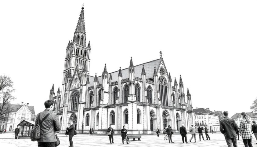 Schöne Altstadt mit gotischer Kirche, historische Architektur, Touristen, Sehenswürdigkeiten, Stadtrundgang.