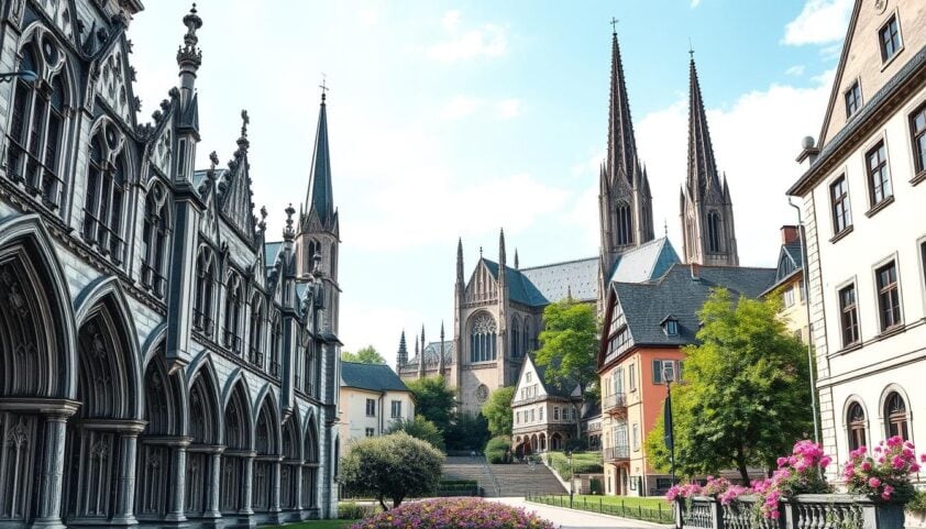 Altstadt mit Kirche, beeindruckende gotische Kirche und historische Gebäude in der deutschen Altstadt.