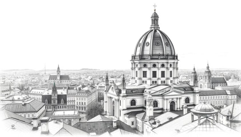 Historische Altstadt mit barocker Kirche in einer malerischen europäischen Stadt.