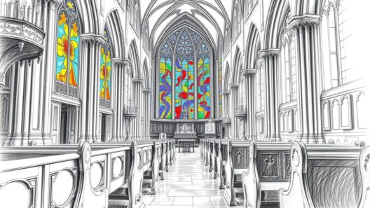 Toll strukturierte gotische Kirche mit bunten Glasfenstern.