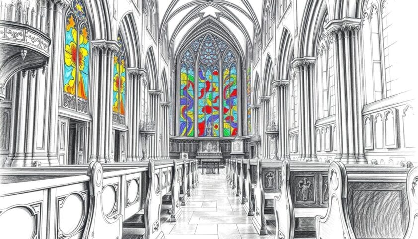 Toll strukturierte gotische Kirche mit bunten Glasfenstern.