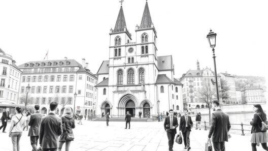 Alte Stadt mit Kirche und Rheinblick, lebendige Stadtatmosphäre, Touristen, Spaziergänger, historische Gebäude.