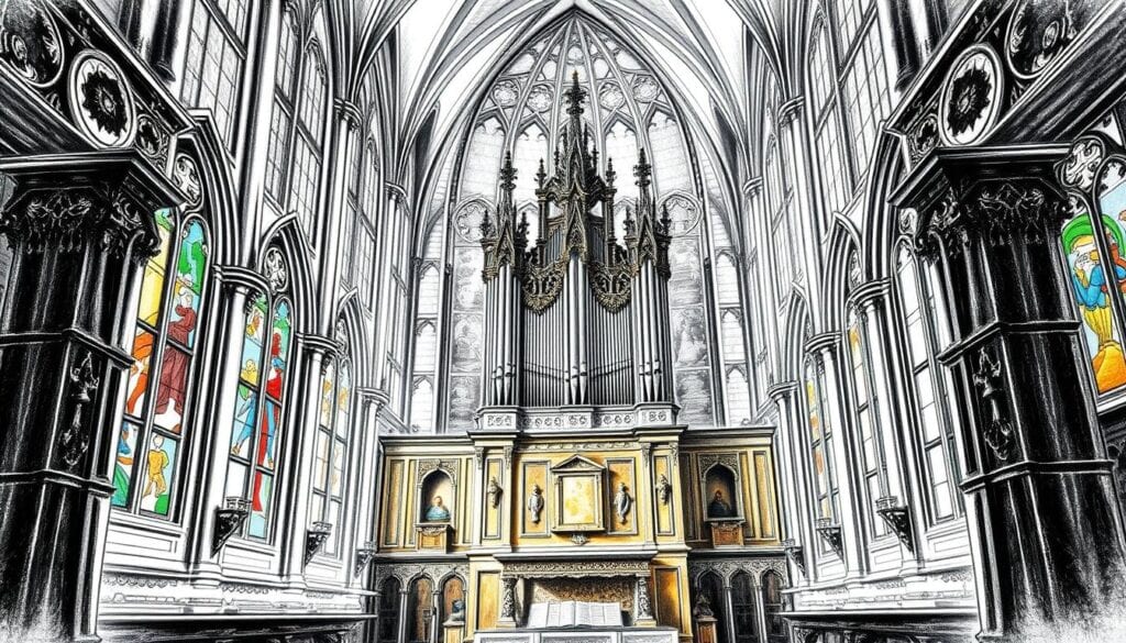 Historische Altstadt mit imposanter Kirche und gotischer Architektur, innen mit beeindruckendem Altar und bunten Glasfenstern.