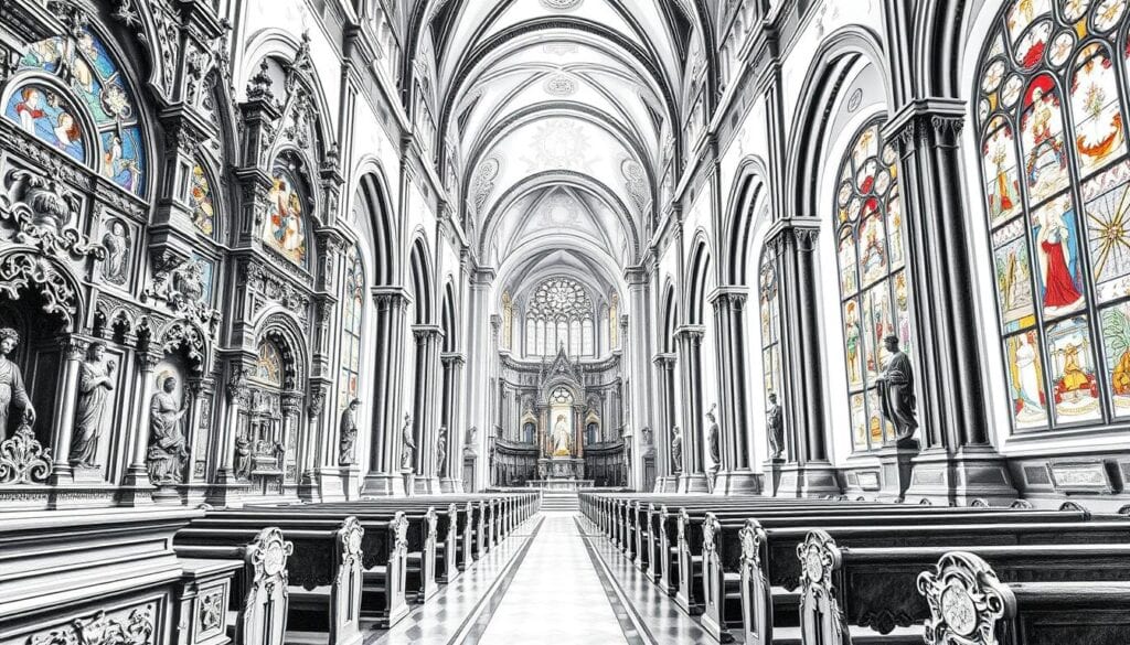Historischer Innenraum der Altstadt-Kirche mit prachtvollen Buntglasfenstern und gotischer Architektur.