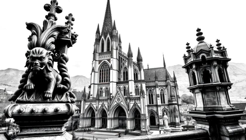 Historische Altstadt mit beeindruckender gotischer Kirche in der Schweiz.