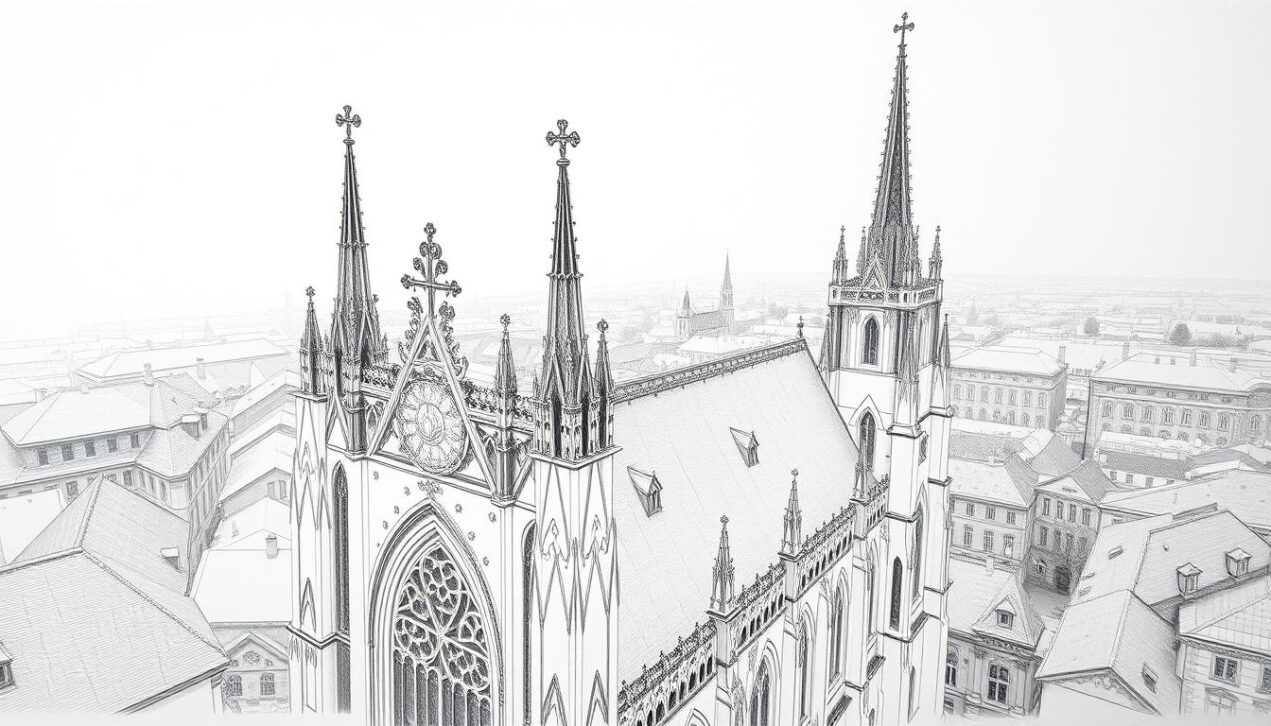 Altstadt mit Kirche, historische Stadtsilhouette, gotische Architektur, Sehenswürdigkeit, Touristenattraktion.